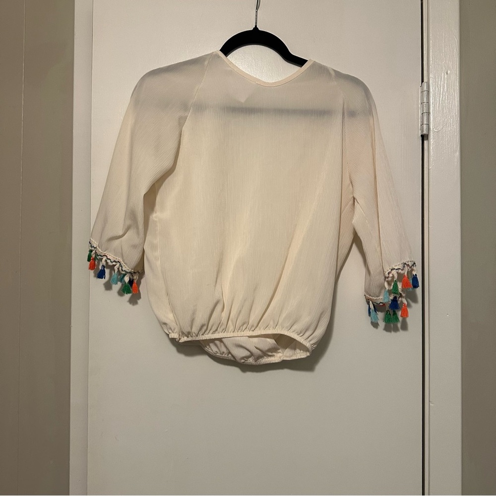 Sadie & Sage ivory colorful tassel crossover sheer blouse size S - Picture 3 of 6